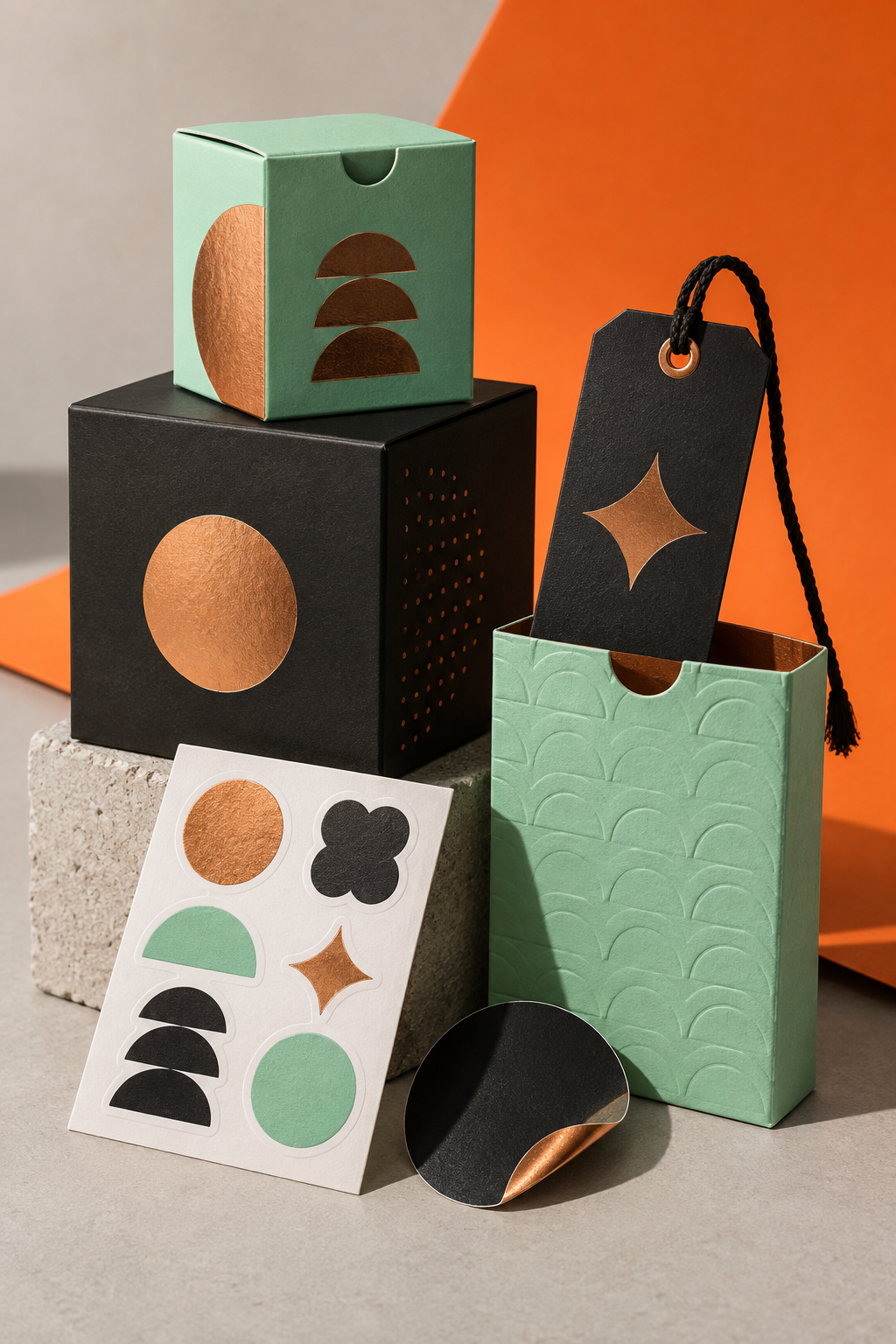 Mintgroene en zwarte verpakkingen met koperfolie, embossing en stickers